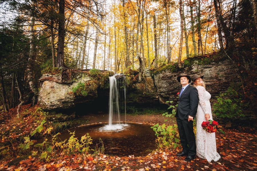 Adventure Elopement in Munising Michigan at Scott Falls During Autumn Couple