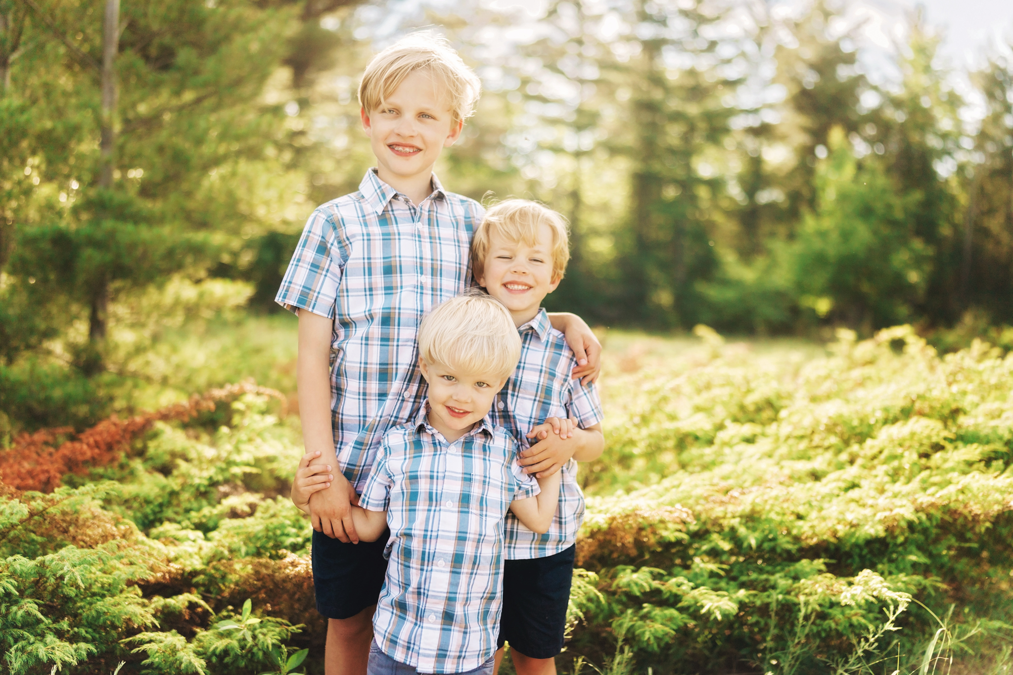Golden light hitting small children in the foliage at Negwegon State Park in Northern Michigan.